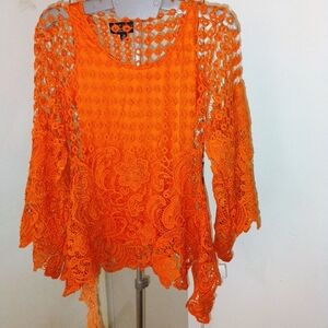 Marc Bouwer Designer Lace Top – Vibrant Boho Glam Elegance Bright Orange Size XS
